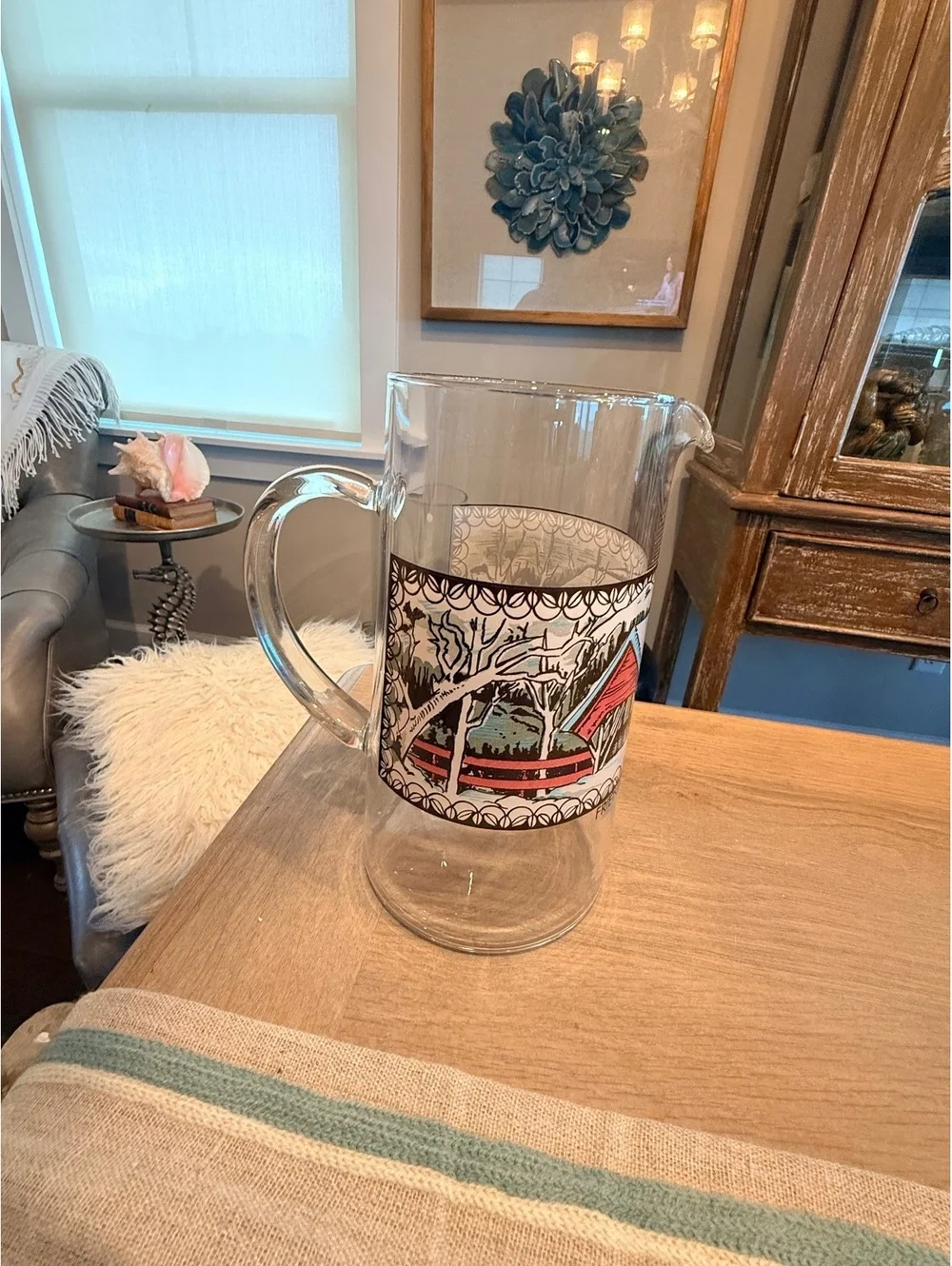 Vintage Glass Pitcher with Scenic 'Friendly Village' Design
